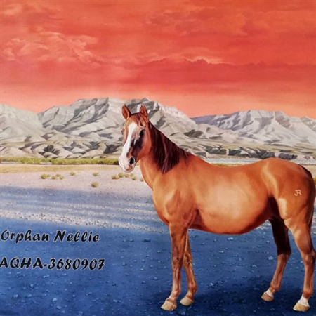 hand painted oil painting of A brown horse standing in Front of A big Green Mountain,by myDaVinci - myDaVinci
